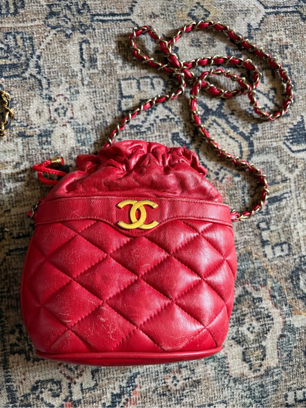 Vintage CC Red Quilted Drawstring Crossbody Bag